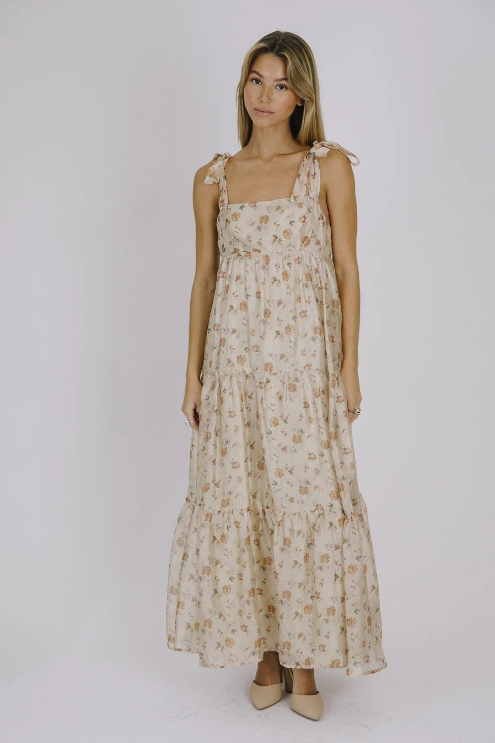 Cream Floral Shoulder Tie Tiered Maxi Dress | PinkBlush Maternity