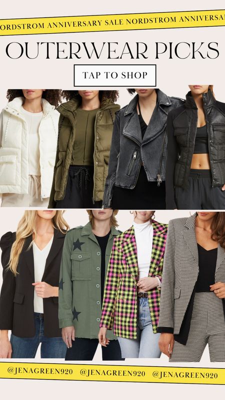 Nordstrom Anniversary Sale | Nordstrom Sale | NSale | Outerwear | Blazer Jacket | Moto Jacket | Houndstooth Blazer | Puffer Vest | Puff Sleeve Black Blazer | Army Green Star Button-up | Office Jacket

#LTKsalealert #LTKworkwear #LTKxNSale