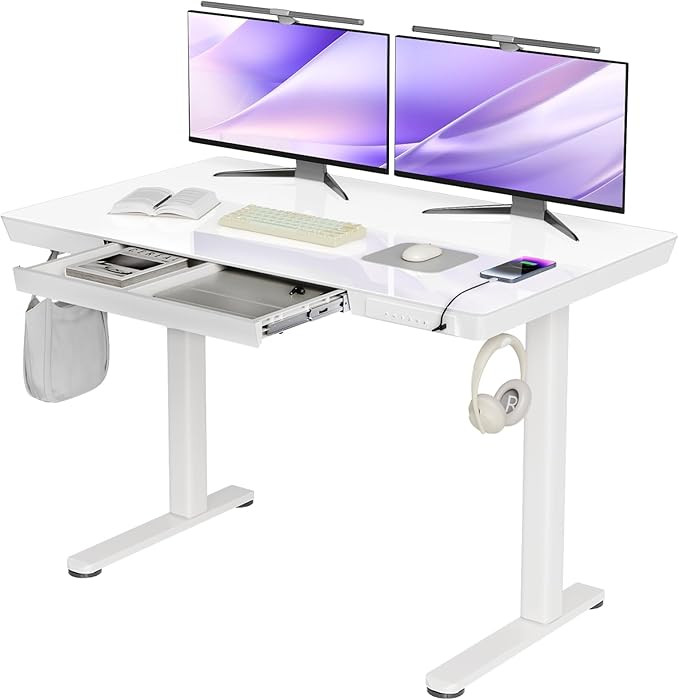 Claiks Glass Standing Desk with Drawers, 48×24 Inch Adjustable Stand Up Desk, Quick Install Home... | Amazon (US)