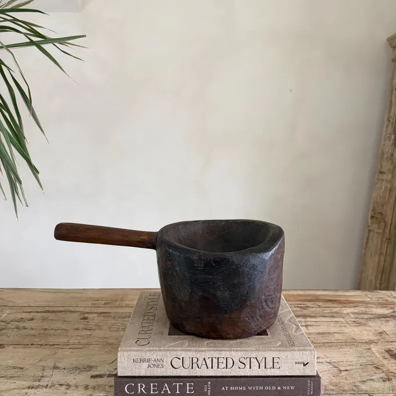 Antique Hand Carved Wooden Mortar Bowl with Handle 15" | Etsy (US)