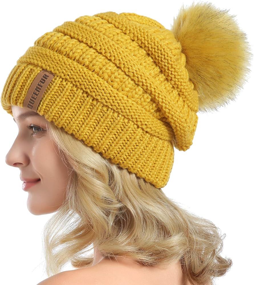 Women Knit Slouchy Beanie Chunky Baggy Hat with Faux Fur Pompom Winter Soft Warm Ski Cap | Amazon (US)