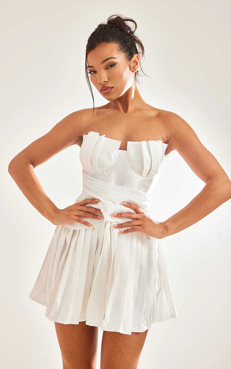 White Satin Bandeau Pleated Cup Detail Playsuit | PrettyLittleThing UK