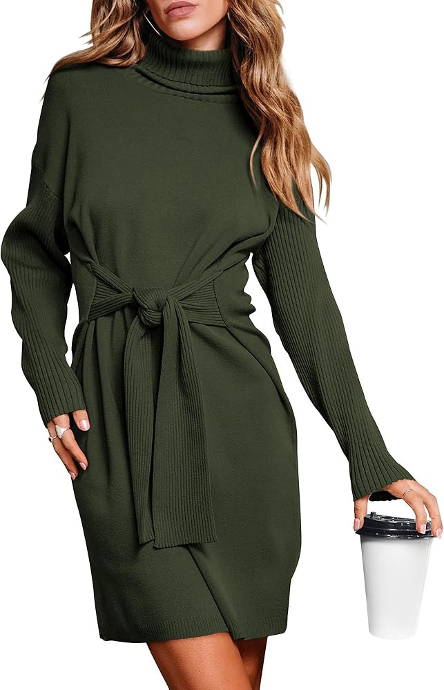 dowerme Women's Fall Sweaters 2024 Turtleneck Long Sleeve Ribbed Knit Oversized Pullover Tie Wais... | Amazon (US)