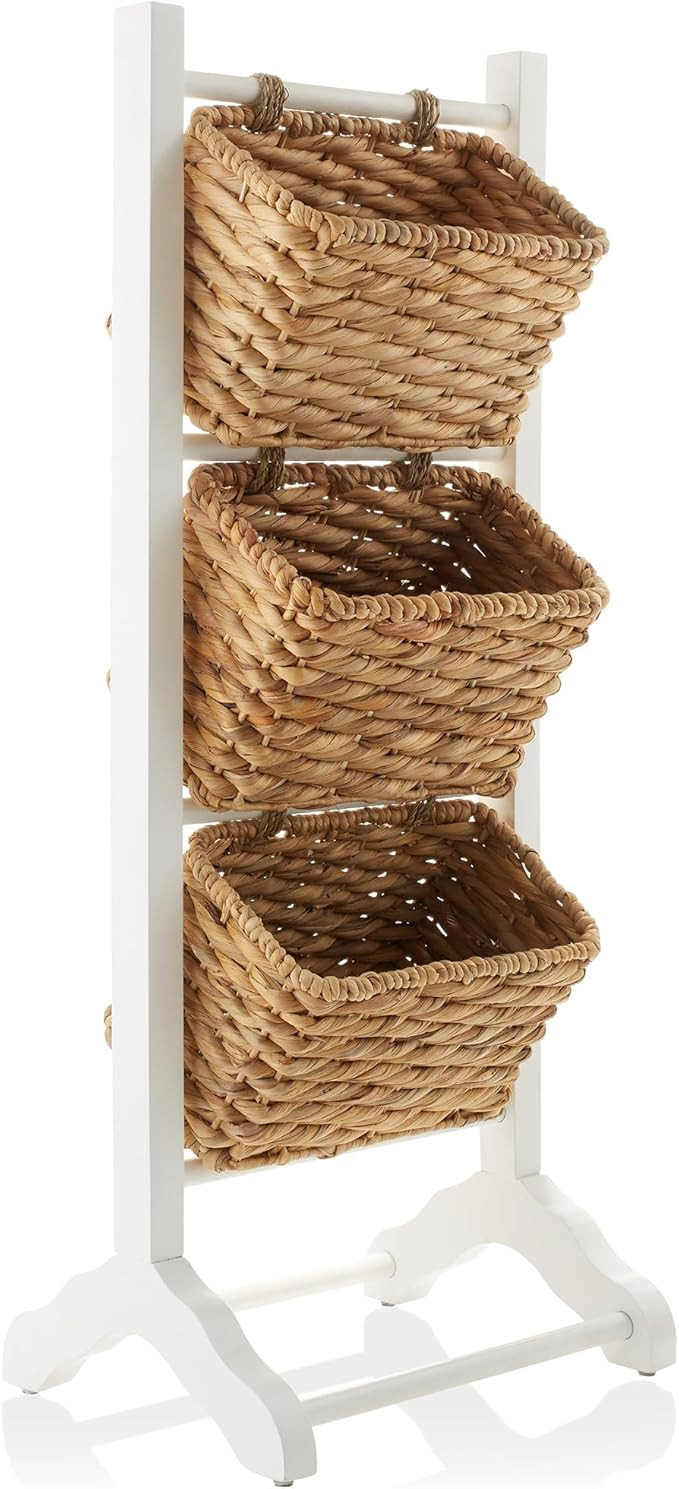 Casafield 3-Tier Floor Stand with Water Hyacinth Storage Baskets, White/Natural - Standing Organi... | Amazon (US)