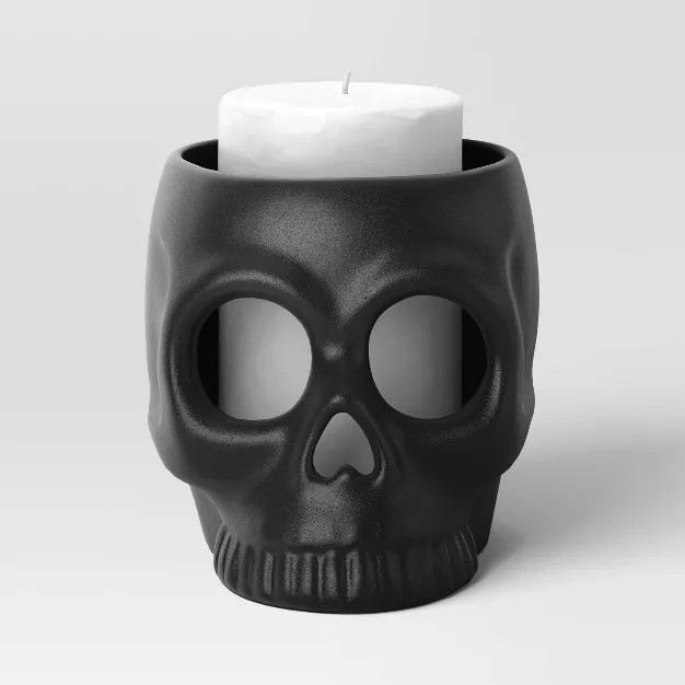 Medium Ceramic Stoneware Skull Candle Holder with Reactive Glaze Black - Threshold™ | Target