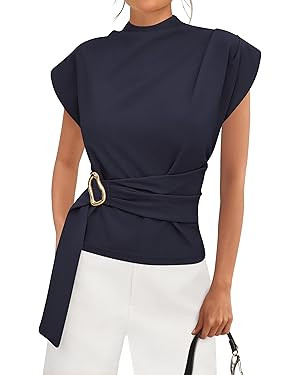 PRETTYGARDEN Women Blouses Spring Dressy Cap Sleeve Mock Neck Work Shirts Buckle Tunic Summer Bus... | Amazon (US)