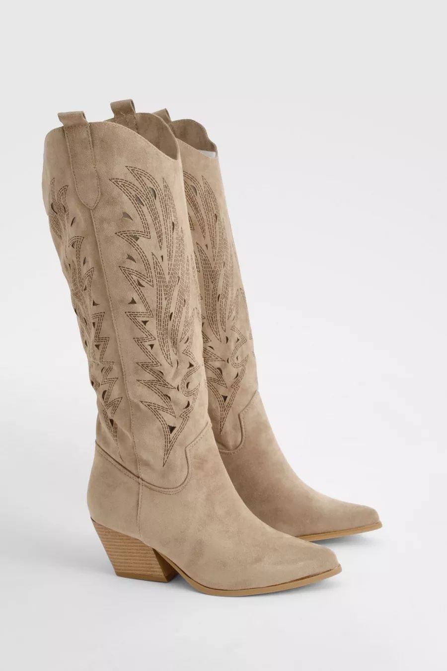 Embroidered Cut Knee High Western Boots | Boohoo.com (UK & IE)