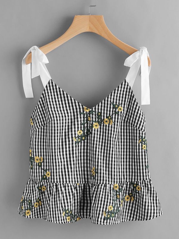 Sash Tie Shoulder Blossom Embroidered Ruffle Gingham Top | SHEIN