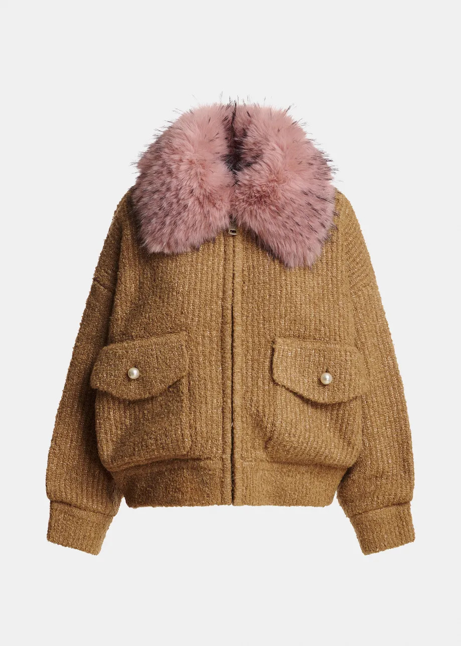 Camel bouclé bomber with light pink removable faux fur collar | Essentiel Antwerp United States | Essentiel Antwerp