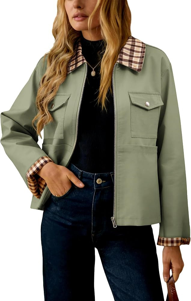 Womens Lightweight Plaid Casual Barn Jacket with Pockets | Amazon (US)