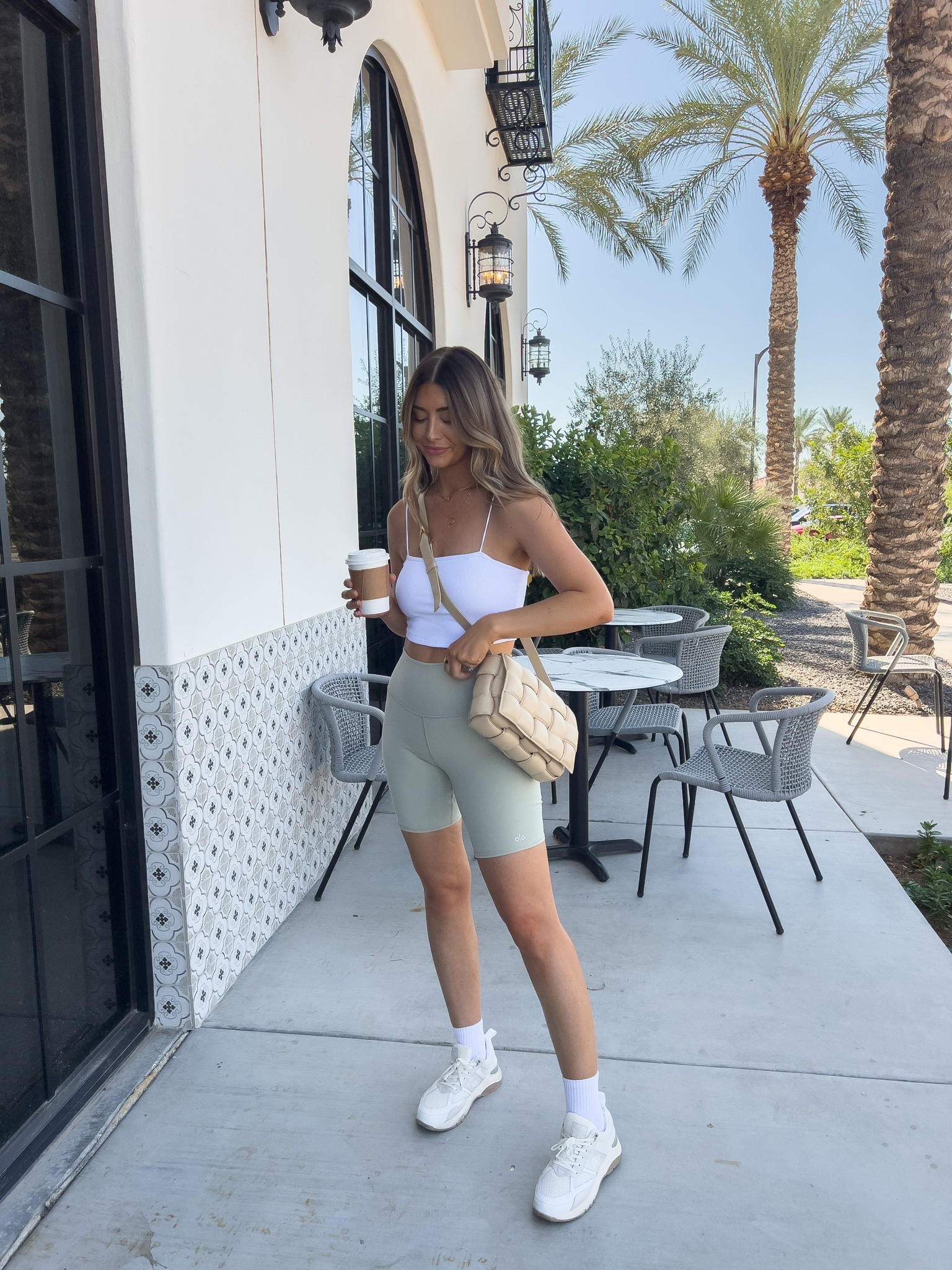 Athletic white crop top and sage green biker shorts - small in top, medium in bottoms (top is tts / size one size up in bike shorts) 

#LTKfit #LTKunder100