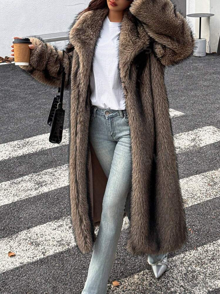 SHEIN Relaxiva Women's Warm Christmas Party Casual Elegant Fashion Ombre Long Fluffy Collar Jacke... | SHEIN