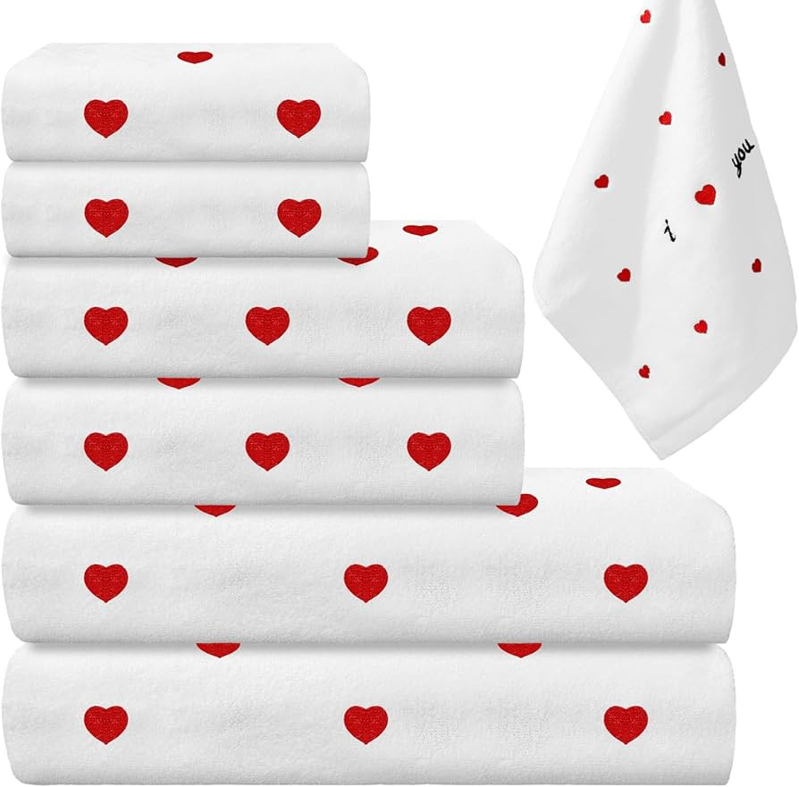 JarThenaAMCS 6Pcs Valentine' s Day Bath Towels Set Includes 2 Heart Embroidered Cotton Hand Towel... | Amazon (US)