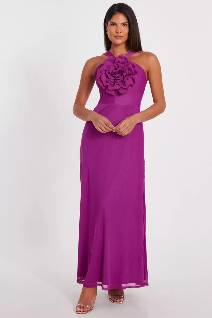 Magenta Mesh Corsage Maxi Dress | Quiz Clothing