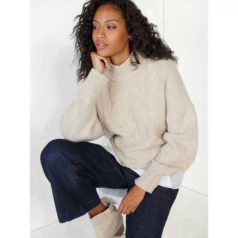 Time and Tru Women's Cable Knit Poplin Layer-Look Sweater, Sizes XS-XXXL - Walmart.com | Walmart (US)