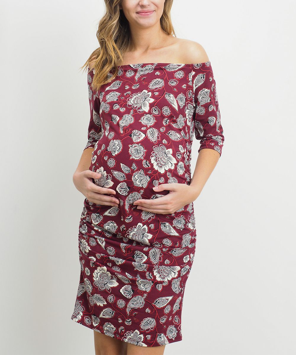 Burgundy Maternity Off-Shoulder Dress | zulily