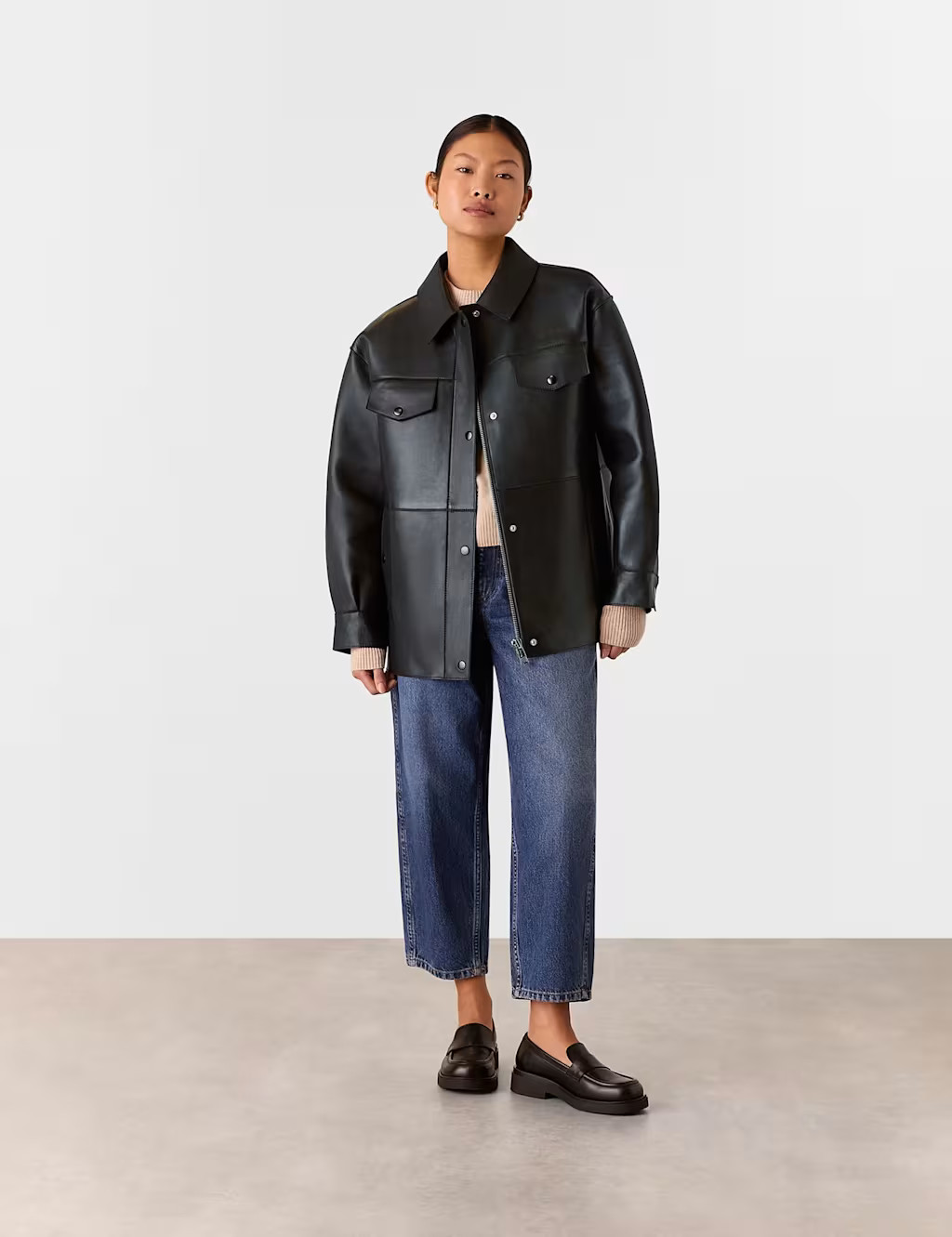 Leather Relaxed Collared Biker Jacket | Marks & Spencer (UK)