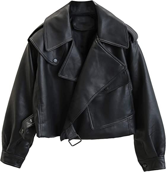 Women Black Faux Leather Jackets Casual Short Oversized Coat Asymmetrical Motor Biker Jacket | Amazon (UK)