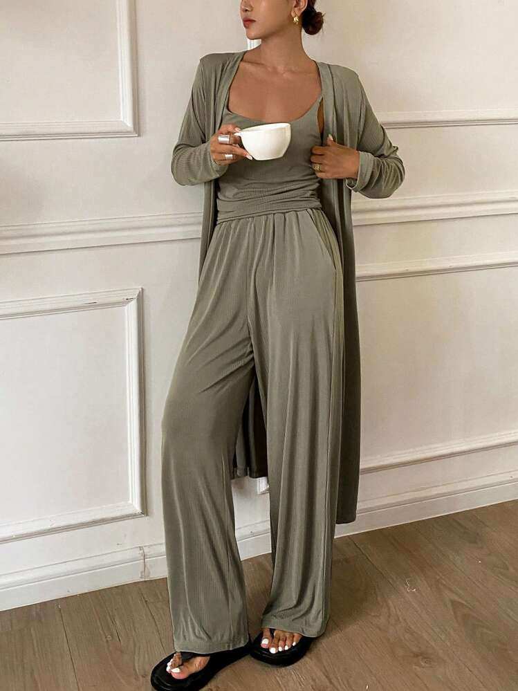 DAZY 3pcs Minimalist Camisole Top & Robe & Pants Home Lounge Wear Set, Cozy Outfits, Fall Winter Clothes Pajama | SHEIN