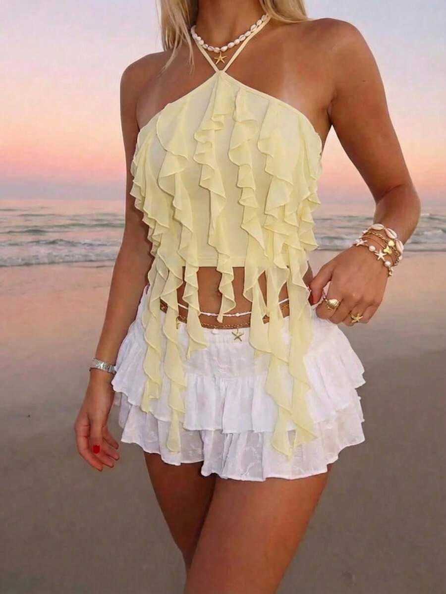 Aloruh Women's Tie-Neck Ruffle Casual Versatile Daily Wear Top,Summer Top | SHEIN