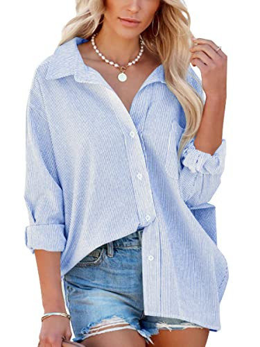 Flowyair Women's Oversized Button Down Shirts Business Casual Long Sleeve Blouse Work Striped Tops Blue | Amazon (US)
