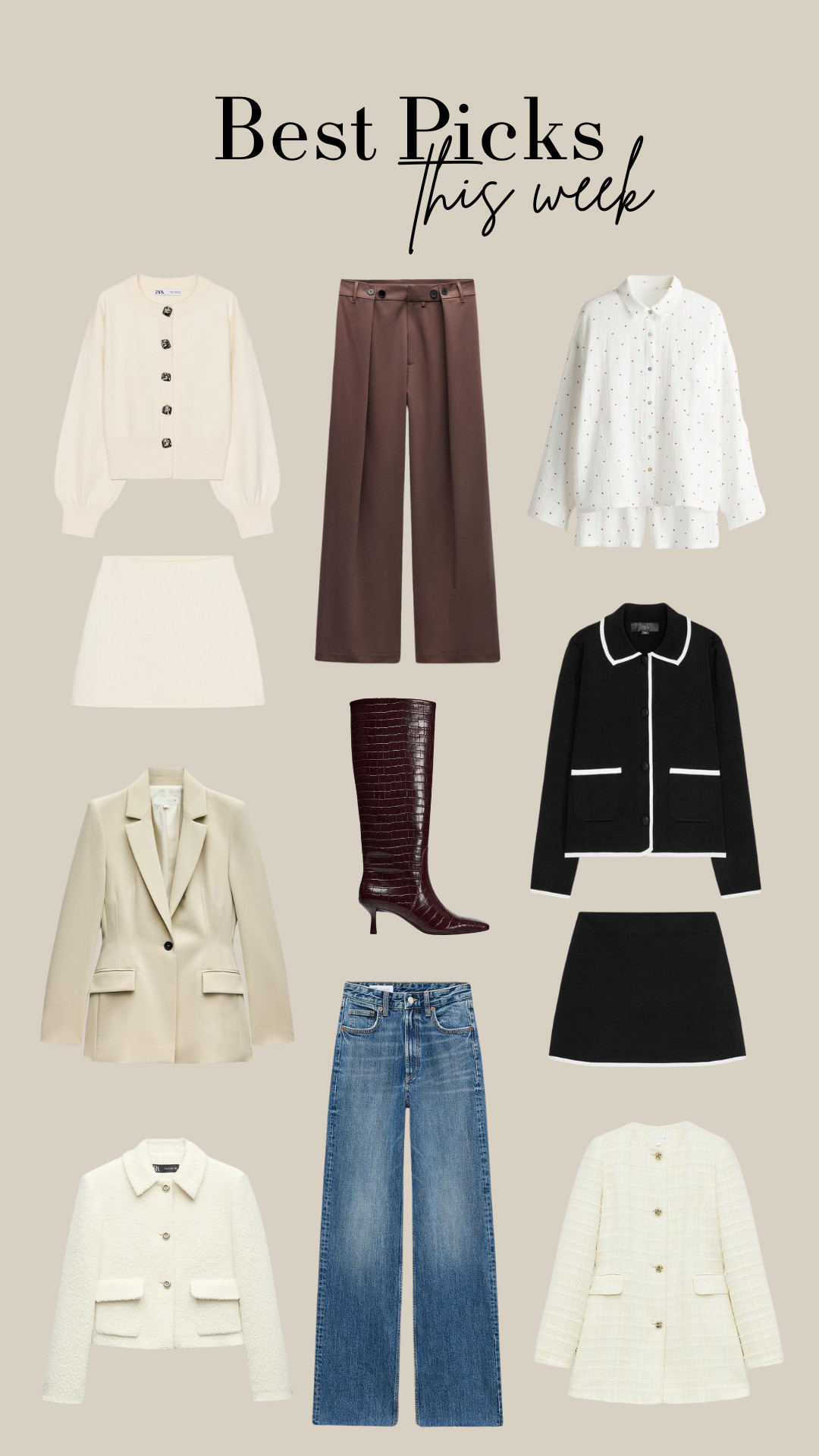 Best Picks of the Week! 

Transitional Style, Winter to Spring, Spring Style, Spring Outfit Inspiration, Jeans, Knee High Boots, Knitwear, Spring Jacket, Coord Set, Zara, LTK2025 

 

#LTKuk #LTKeurope #LTKspring