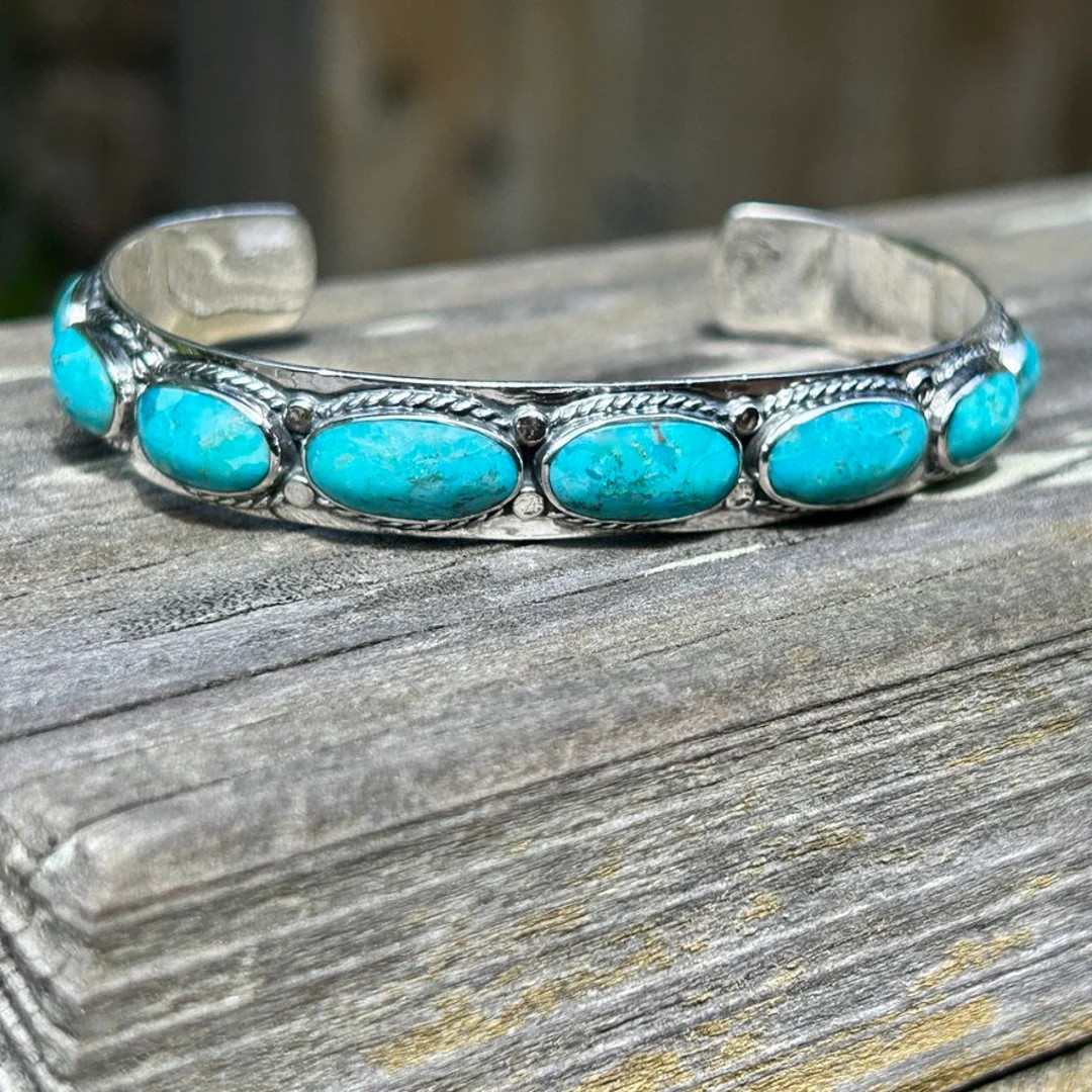 Southwestern Style Genuine Turquoise Layering Bracelet 925 Sterling Silver Turquoise Cuff Stackab... | Etsy (US)