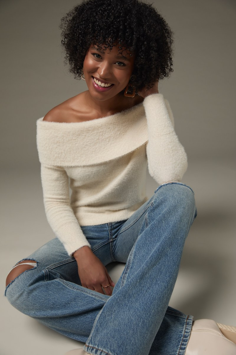 Nancy Fuzzy Off Shoulder Pullover Sweater | Francesca's