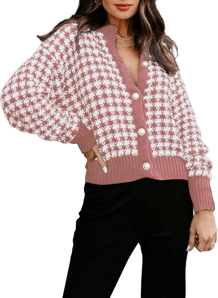 Dokotoo Cardigan Sweaters for Women V Neck Button Down Long Sleeve Plaid Knit Cardigans Sweater T... | Amazon (US)