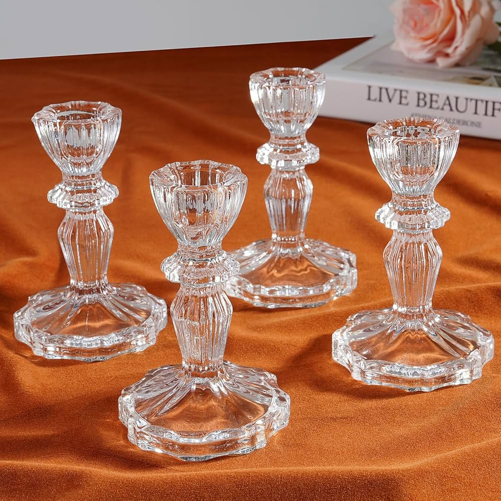 4" Tall Glass Candle Holder Set of 4 Glass Taper Candle Holders for Candlesticks Clear Crystal Gl... | Amazon (US)