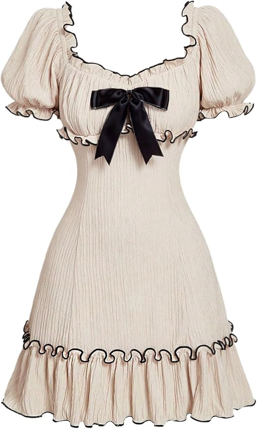 SweatyRocks Women's Bow Ruffle Dress Puff Short Sleeve Textured A Line Summer Dresses | Amazon (US)