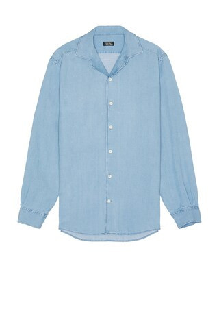 Zegna Cotton And Linen Denim Shirt in Light Blue - Blue. Size M (also in S, XL/1X). | FWRD 