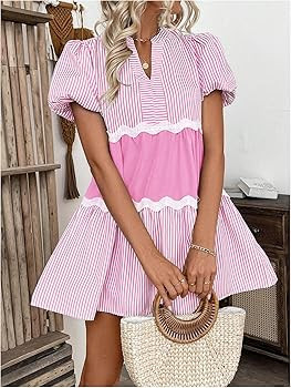 SOLY HUX Women's Striped Puff Sleeve Dress Cute Notch V Neck A Line Mini Going Out Dresses | Amazon (US)