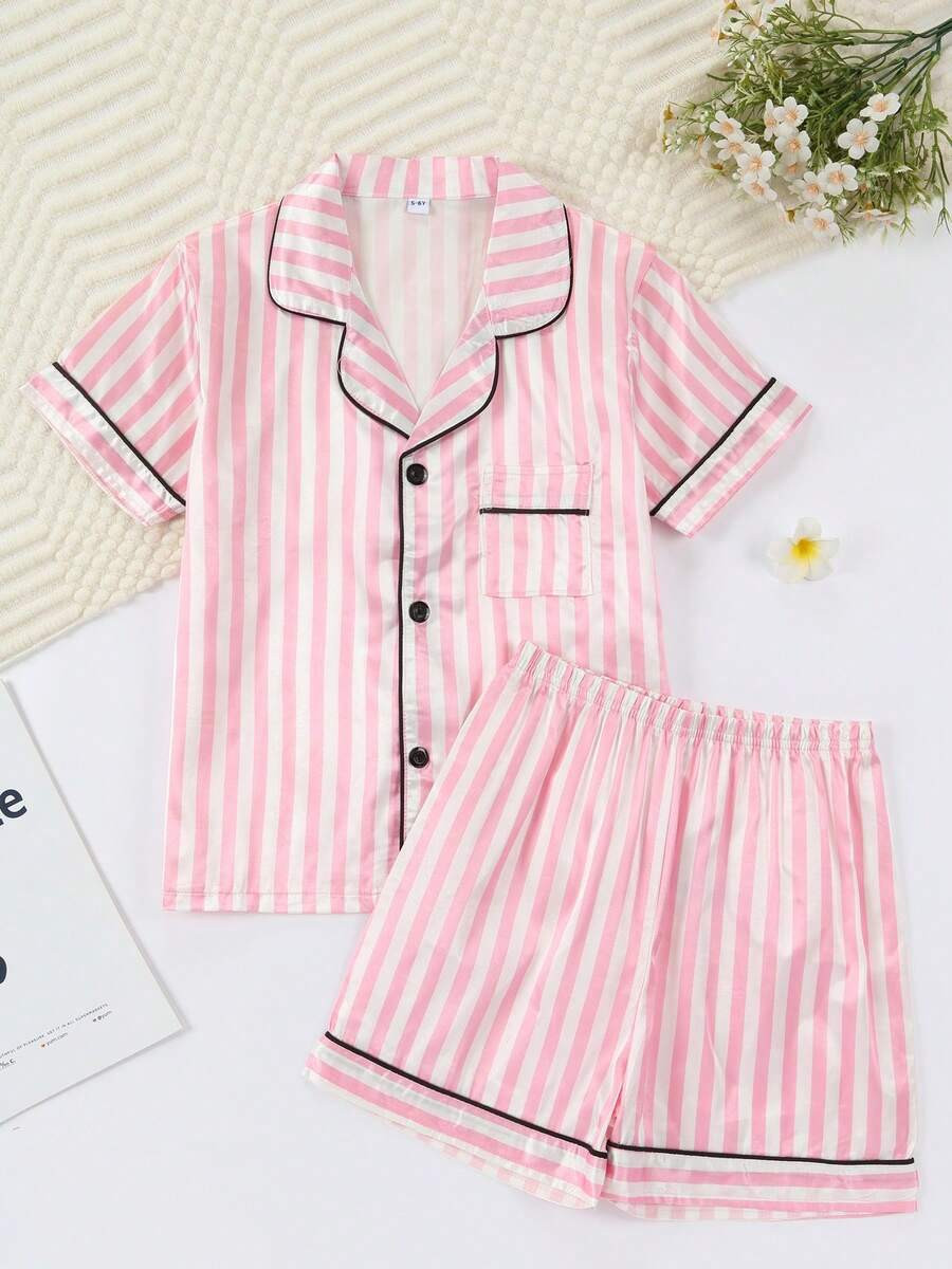 Summer Cute Solid Color Striped Pajamas Comfortable Cardigan Collar Short Sleeve Short Pants Girl... | SHEIN