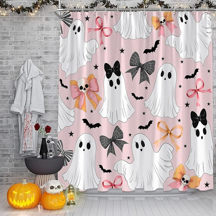 Ghost Bow Shower Curtain Halloween Cute Spooky Bat Skull Bowknot Gothic Bathroom Decor Curtain wi... | Amazon (US)
