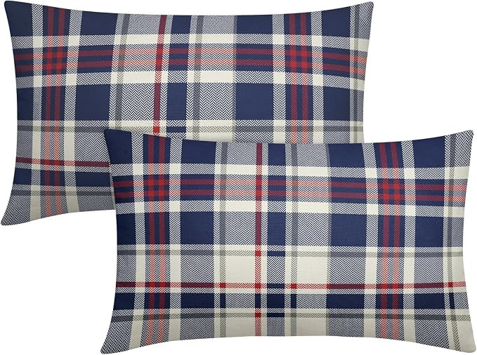 4th of July Patriotic Plaid Pillow Covers 12x20 Set of 2 Blue Red Grey Check Print Memorial Day I... | Amazon (US)