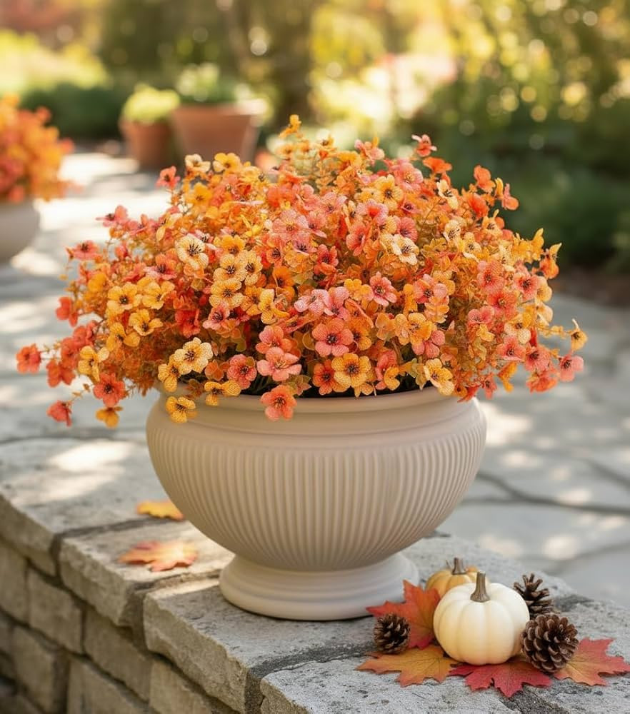 Fall Flowers Artificial Mums for Outdoors, 20 Bundles UV Resistant Silk Fake Daisy with Eucalyptu... | Amazon (US)