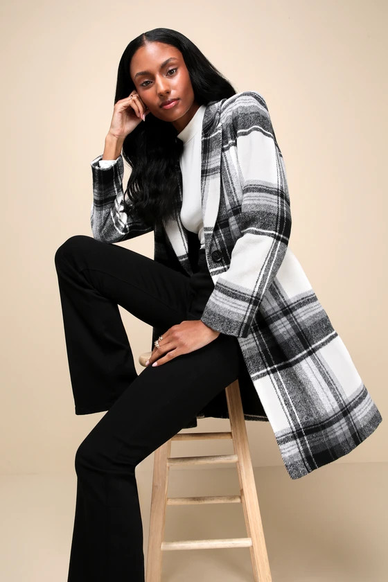 Cher Ivory Black and White Plaid Brushed Coat | Lulus