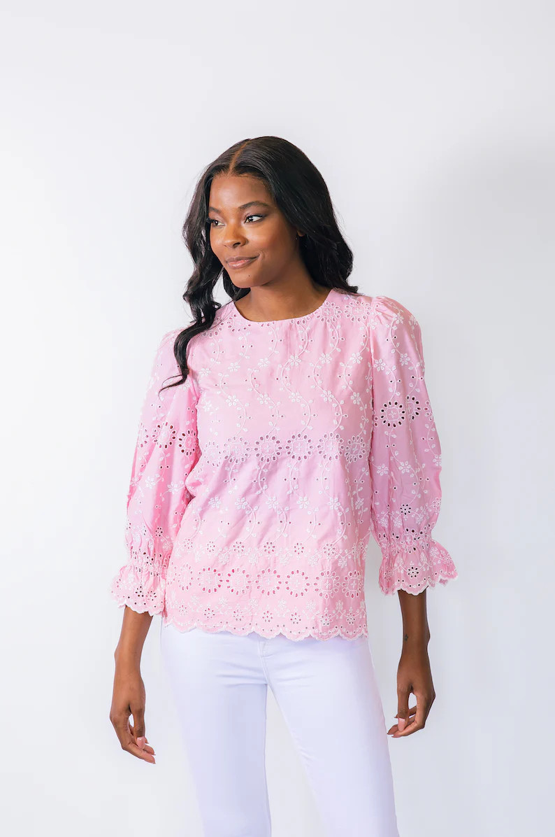 Candy Pink Eyelet Scalloped Hem Top | Sail to Sable