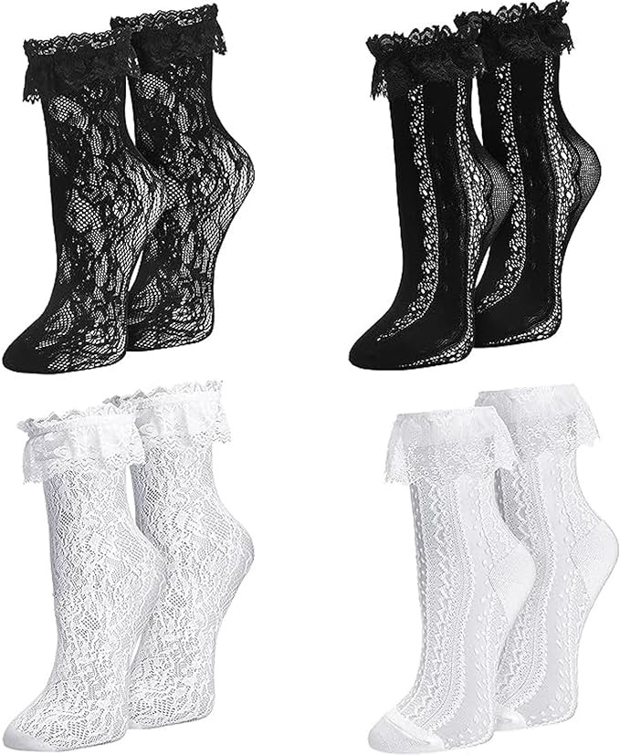 Womens Lace Ankle Socks Ruffle Frilly Dress Socks Sexy Mesh Lace Trim Lolita Sock Lacy Ruffled Bo... | Amazon (US)