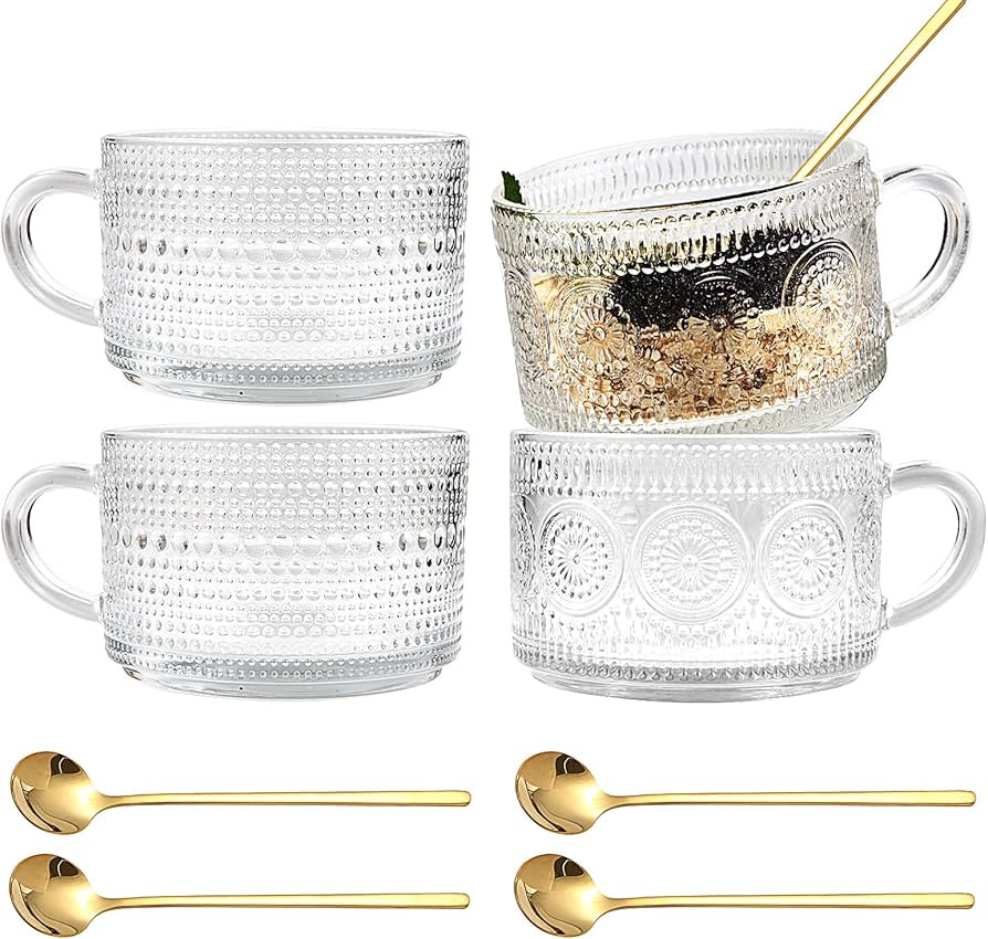 Vozoka Vintage Glass Coffee Mugs, 14oz Set of 4 Clear Coffee Cups, Latte Mugs, Coffee Bar Accesso... | Amazon (US)