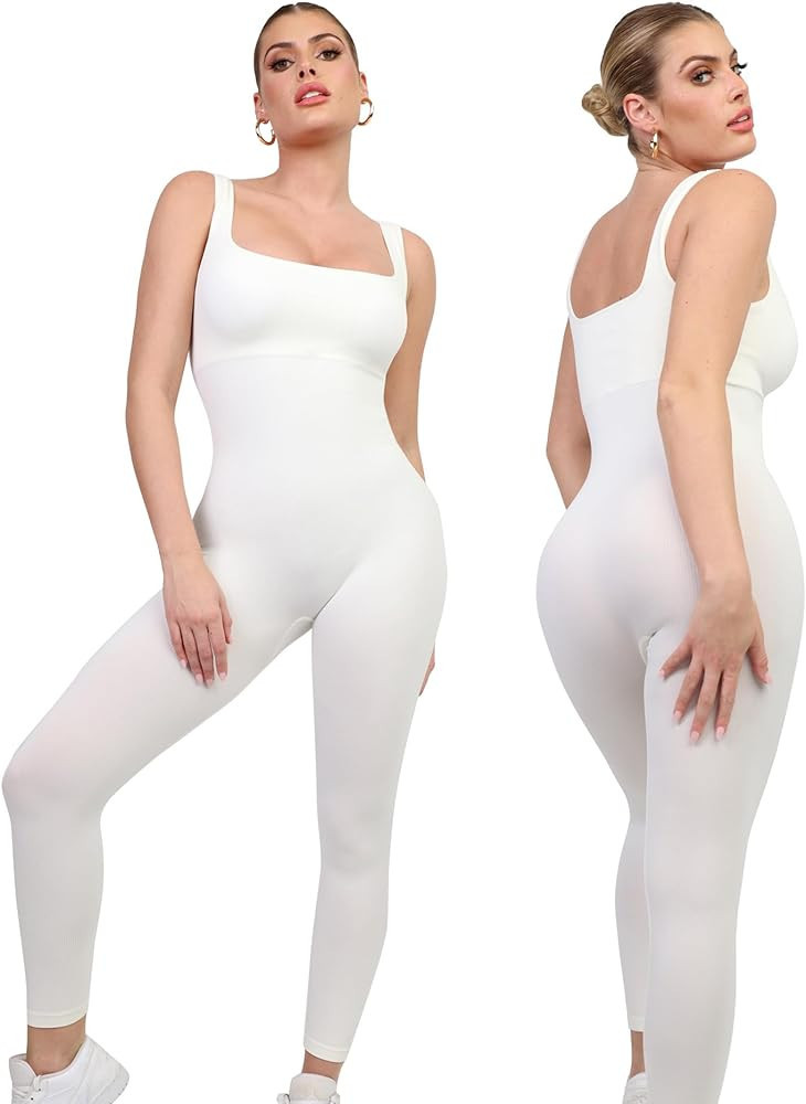 Popilush Jumpsuits for Women Built-In Bra Rompers Seamless Ribbed Outfits Yoga Sleeveless Workout... | Amazon (US)