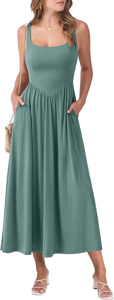 ANRABESS Women's Summer Casual Sleeveless Square Neck Midi Dress Smocked Flowy Sundress Beach Vac... | Amazon (US)