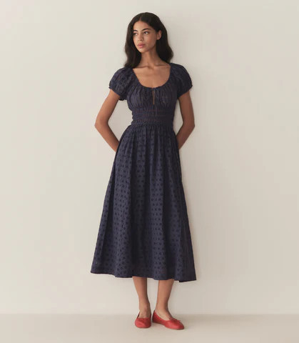 D�?EN Quinn Dress -- Adriatic Eyelet - Size - Xs Fitted Prairie Vintage-inspired Effortless | DOEN