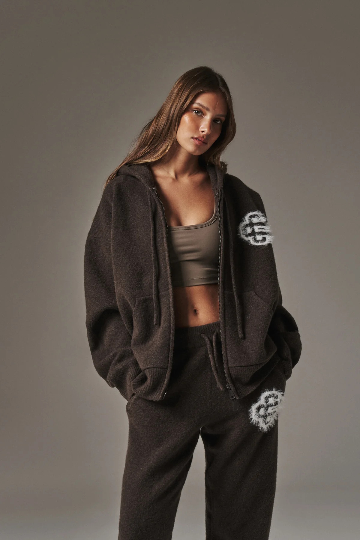 FLUFFY EMBLEM ZIP THROUGH KNITTED HOODIE - BROWN | The Couture Club