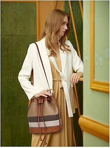 Genuine Leather Bucket Bag Plaid Bag Yankee Women's Bag Cowhide Shoulder Crossbody Bag Commuter F... | Amazon (US)