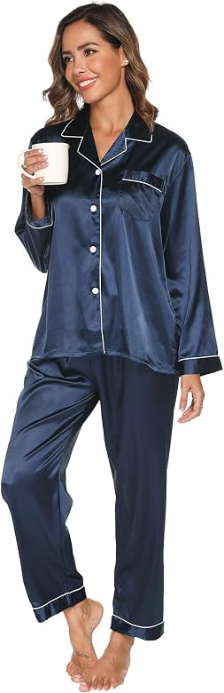Ensemble de Pyjama Femme, Vêtements de Nuit en Soie satinée à Manches Longues | Amazon (FR)