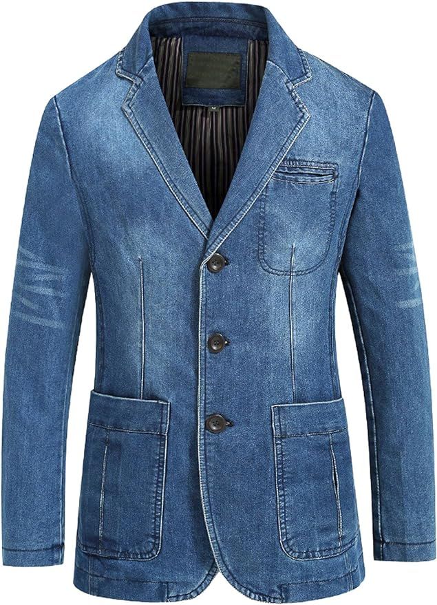 chouyatou Men's Classic Notched Collar 3 Button Tailoring Distressed Denim Blazer Jacket | Amazon (US)