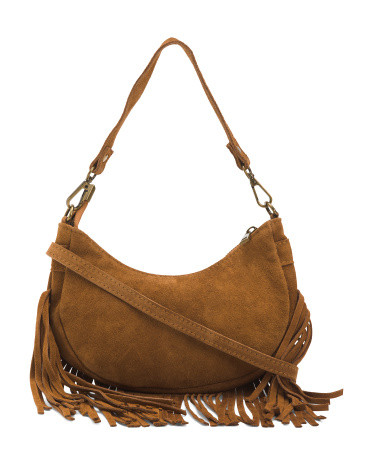 Made In Italy Suede Crescent Shoulder Bag With Fringes | TJ Maxx