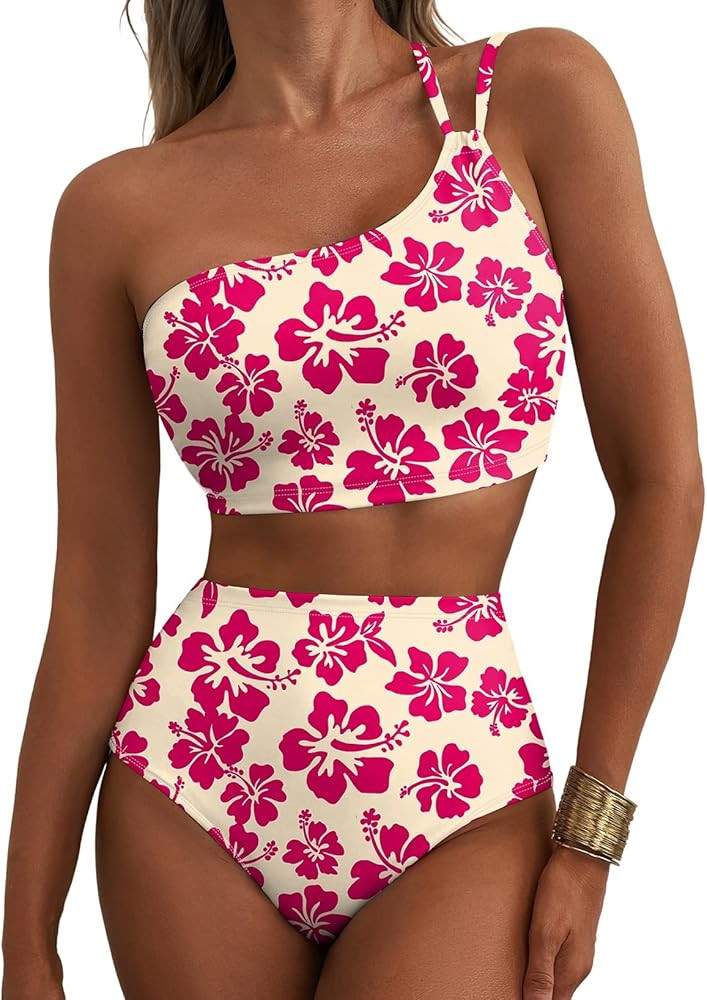 Women's High Waisted Bikini Sets One Shoulder Floral Print Swimsuits 2 piece Tummy Control Bathin... | Amazon (US)